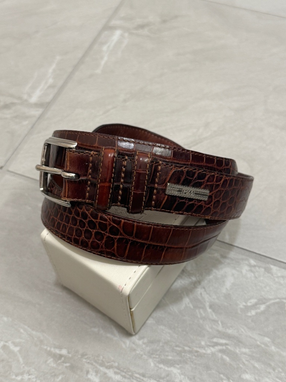 Polo Ralph Lauren Brown Croc Embossed Leather Belt 32/85